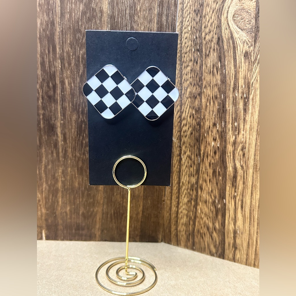 489  Black  White Check Post Earrings